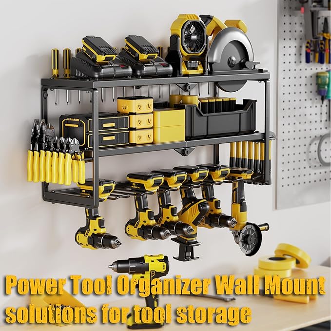 Power Tool Organizer Wall Mount, 7 Slots Cordless Drill Holder Storage Rack, Heavy Duty Battery Tools Holder with Shelf for Charging Station, for Garage Organization, Workshop