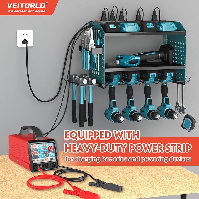 Veitorld Power Tool Organizer with Charging Station, Heavy Duty Modular Wall Mount Rack for Garage & Shed Organization, 4 Drill Holders, Anniversary Birthday Gifts for Him Men Dad Man