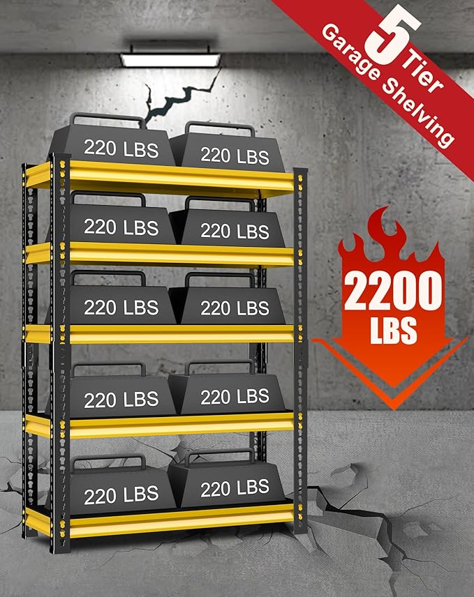 Garage Shelving Heavy Duty, 2200 Lbs Loads Garage Storage Shelves Heavy Duty, 5-Tier Metal Shelving Units and Storage for Basement, Retiple Tanks,40''Wx18 Dx72 H,Yellow