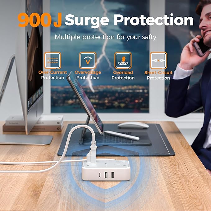 TESSAN Surge Protector Flat Extension Cord 10Ft, Ring Plug Power Strip with 4 Outlets 3 USB Ports (1 USB C), 900 Joules Protection, Multiple Wall Outlet Extender Suitable for Home Office Dorm, Grey