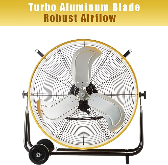 HiCFM 24" Industrial Drum Fan 8800 CFM High Velocity 3-Speed Heavy Duty Metal Air Circulator with Casters Handle for Basement Warehouse Factory workshops