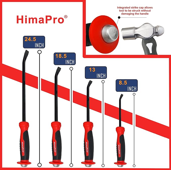 HimaPro Heavy-Duty Angled Prybar Set, 4-Piece Heavy Duty Pry Bar with Strike Caps and Hand Protection Mechanism, Industrial Grade Steel with Angled Tip, Perfect For Prying, Scrapping, Lifting, Pulling