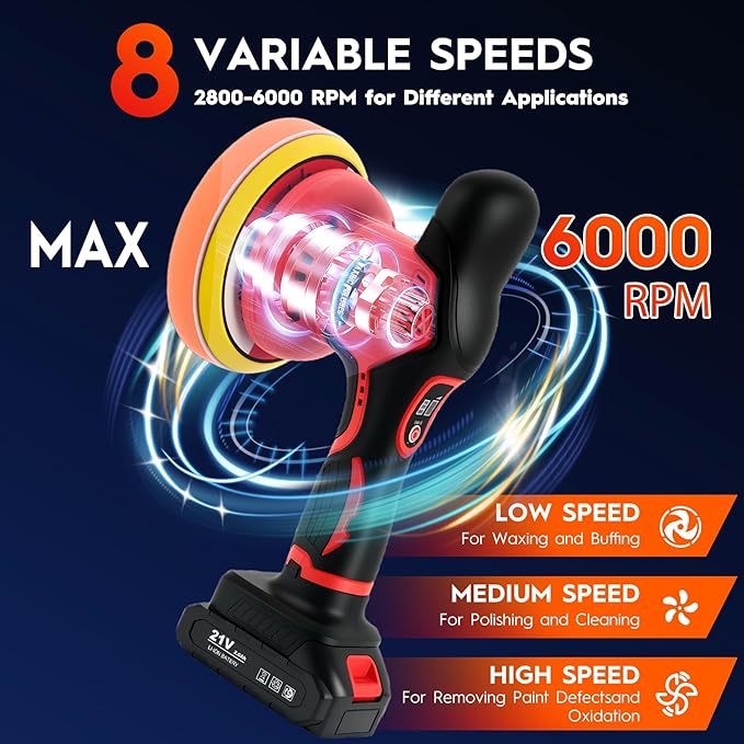 Cordless Car Buffer Polisher, 6 Inch Orbital Polisher Kit with 2x21V Batteries & 21 PCS Attachments - 8 Speeds Variable Max 6000RPM Car Buffer for Car Detailing, Waxing, Polishing, Scratch Removing