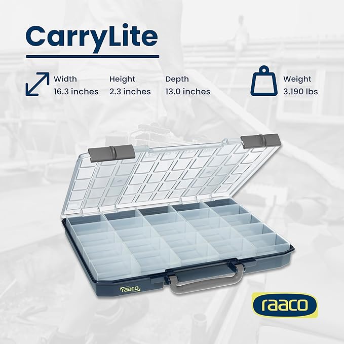 Raaco CarryLite Slim Small Parts Organizer Box – 2.3 Inch Height – 25 Inserts – Anti-Mix U-Profile Lid for Screws, Bolts & Nuts – Secure Sliding Lock – Portable Hardware & Tool Storage (CarryLite 55)