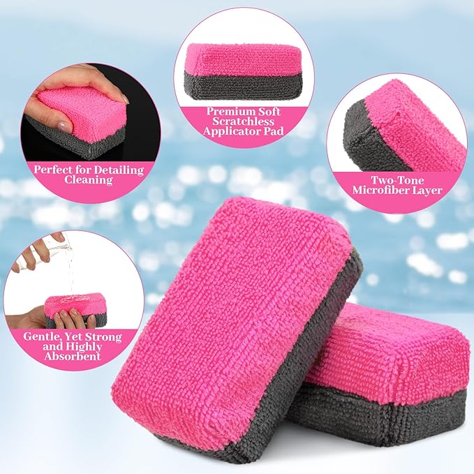 Mudder 24 Pcs 3.5 x 1.5 x 1.5 Inch Car Wax Applicator Pad Rectangular Microfiber Pads Sponge Ceramic Coating Applicator Car Foam Cleaning (Pink and Gray)