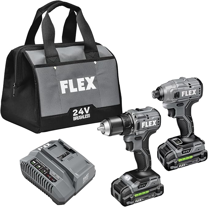 FLEX 24V Brushless Cordless 2-Tool Compact Combo Kit: 1/2-Inch 2-Speed Drill Driver and 1/4-Inch Hex Impact Driver with (2) 2.5Ah Lithium Batteries and 160W Fast Charger - FXM205-2A