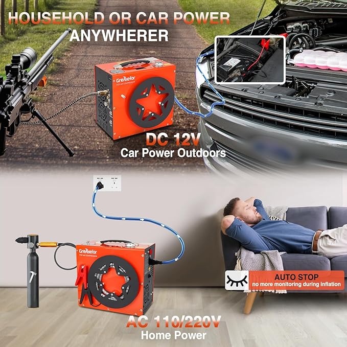 PCP Air Compressor, Max 5800 PSI / 40 MPa,350W High Pressure Portable Pump, Water & Air Cooling, Dual Auto-Stop Gauge, 12V DC & 110V AC, for Air Rifles, Paintball Tanks, HPA Cylinders, Orange