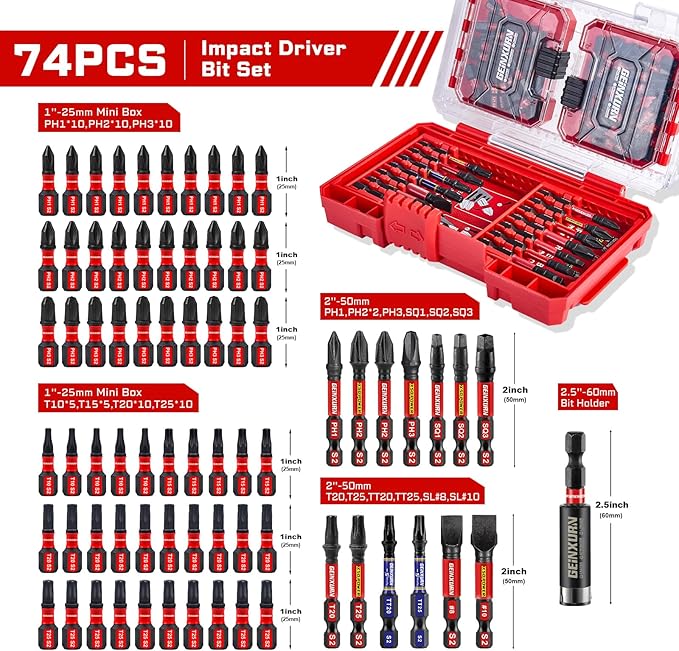 Geinxurn 74Pieces Impact Screwdriver Bits Set, Magnetic S2 Steel Phillips/Slotted/Square/Torx Insert Power Bits Tips, Impact Bit Holder with Red Storage Box Case