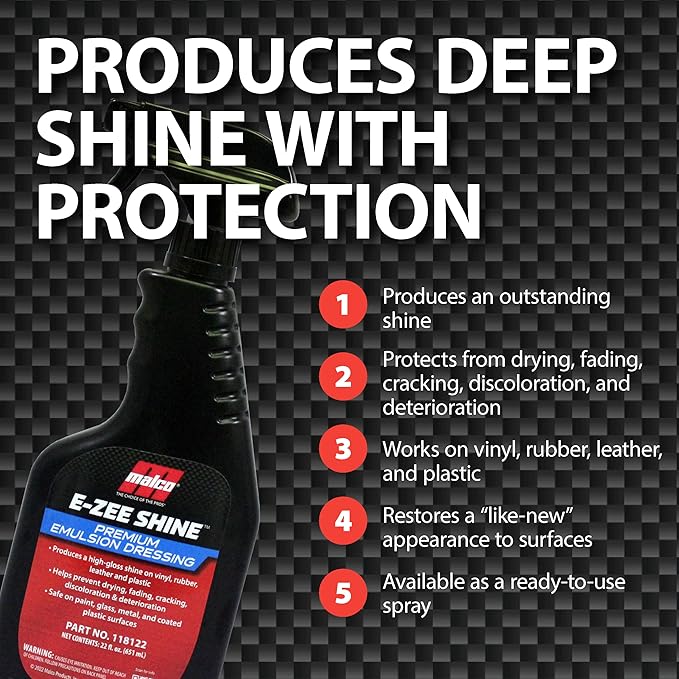 Malco E-ZEE Shine Dressing – Premium Emulsion-Style Dressing for Vehicles/Works on Leather Plastic, and Rubber/Produces Deep Glossy Shine / 22 oz. (118122)