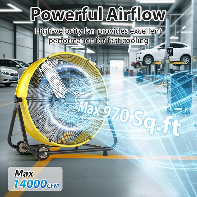 LifePlus 30'' Large Industrial Fan,14000 CFM High Velocity 3-Speed Heavy Duty Metal Air Circulator with 360° Tilt, Casters Handle, Ideal for Warehouse, Factory Workshops, Patios, Garage, Yellow