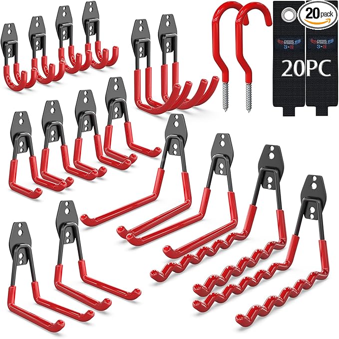 3-H Garage Wall Hooks 20 Pack,Garage Hooks Heavy Duty,Garage Storage Hooks for Hanging and Organizing Garden,Lawn,Yard Tools,Chairs,Ladders,Weed Eater,Shovel,Blower(Red)