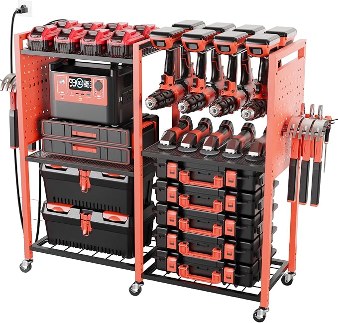 Heavy-Duty Power Tools Organizer Cart with Charging Power Strip, 6-Tier Rolling Utility Cart with 8 Hooks and 6 Load-Bearing Wheels, Garage Tool Storage Rack for Workshop for Men