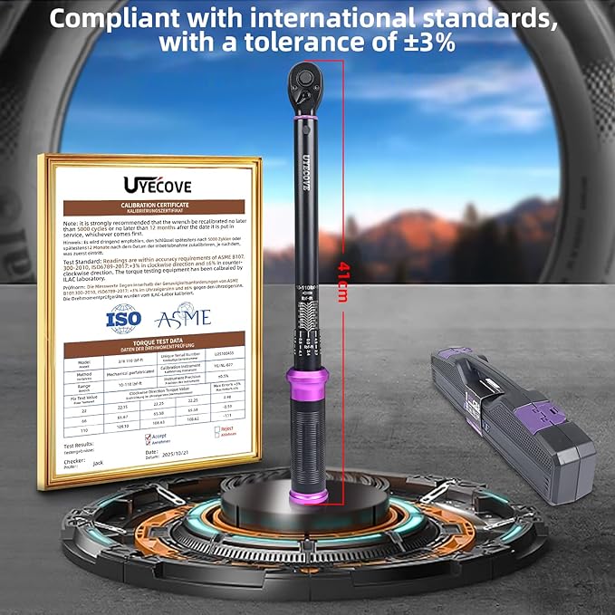 3/8" Inch Drive Click Torque Wrench 10-110 FT-LB/13.6-149.2N.M, ±3% Accuracy, Dual-Direction Click Professional Torque Wrench, Dual Range Scales Graduated in FT.LB and N.M, Purple