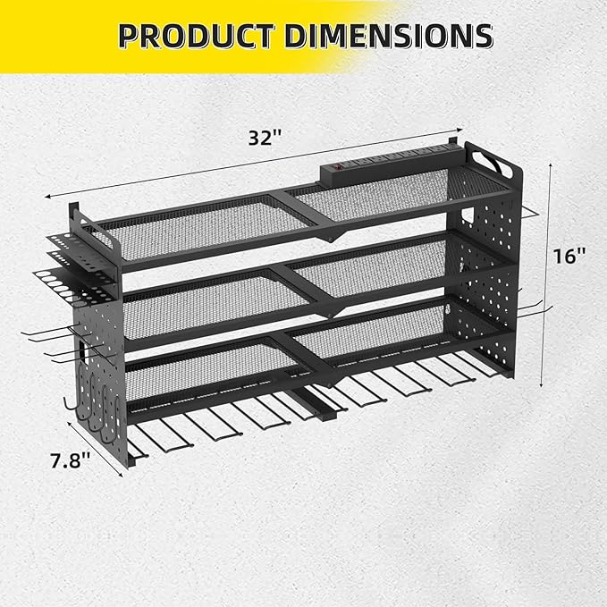Power Tool Organizer Wall Mount with Charging Station, Drill Holder, Heavy Duty Storage Utility Racks, Supports 600 lbs,Battery Shelf for Garage and Workbench (32 Inch 8 Drills Holder)