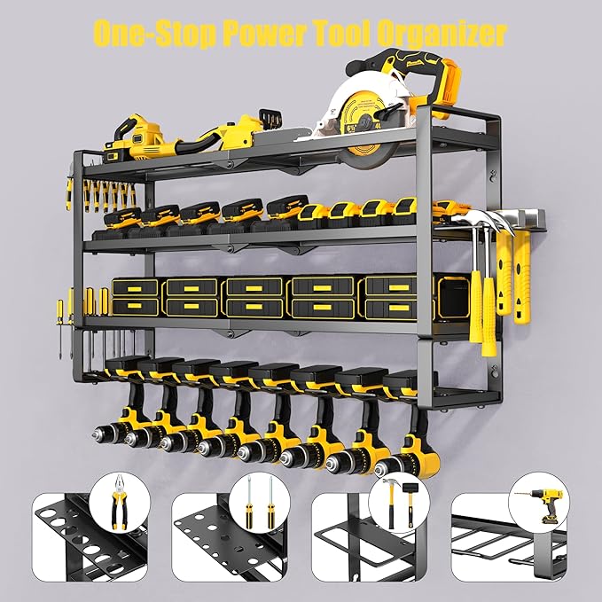 MOOMSINE Large Power Tool Organizer Wall Mount, 4-Tier Heavy Duty Metal Storage Rack Loads 400lbs, Battery Tools Hanger with 8 Cordless Drill Holder for Garage, Workshop, Pegboard, Shed