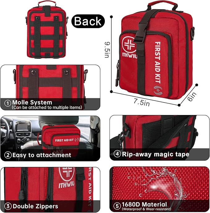 400 Piece Large First Aid Kit for Car, Home, Office, Hiking, Boating, Travel, Outdoor, Premium Compact Water-Resistant Trauma First Aid Kit for Any Emergencies, Red