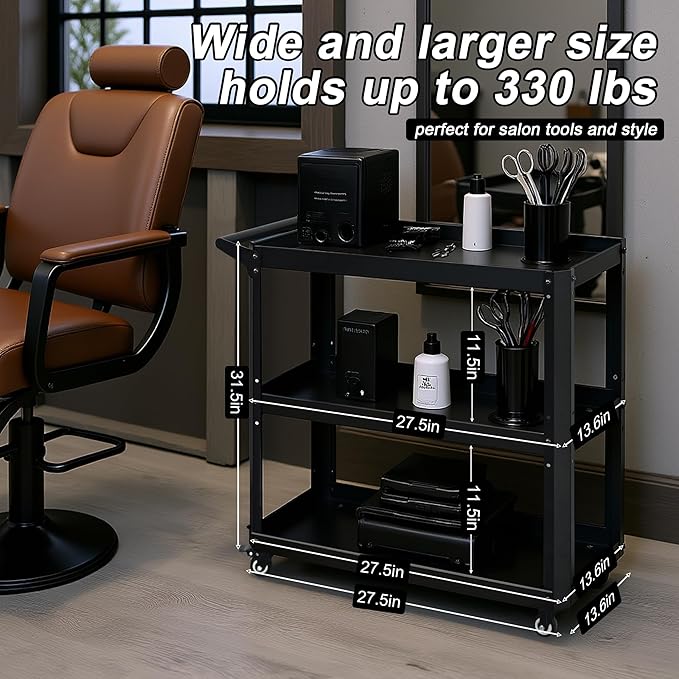 3 Tier Metal Utility Rolling Cart with Wheels, Heavy Duty Storage Organizer Trolley Cart for Kitchen, Bathroom, Office, Bedroom – Multi-Purpose 330Lbs Capacity Utility Cart on Wheels, Black