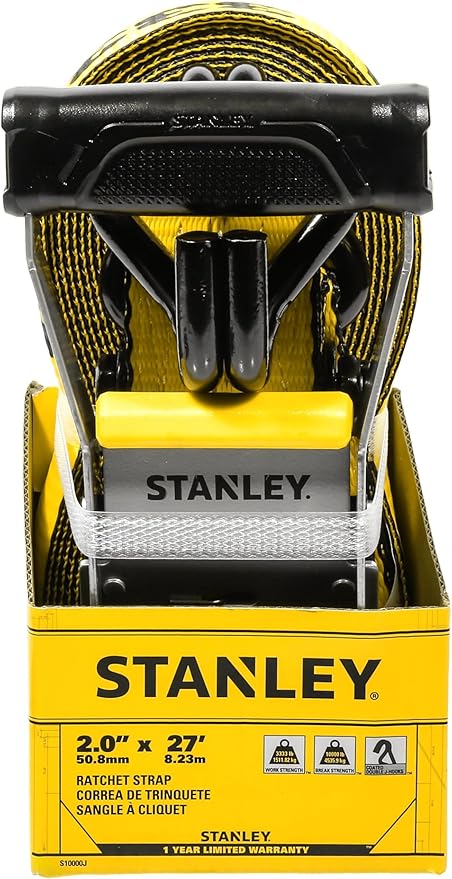 STANLEY S10000J Black/Yellow 2" x 27' Ratchet Strap with Double J-Hooks - 3,333 LBS Safe Working Load / 10,000 LBS Break Strength