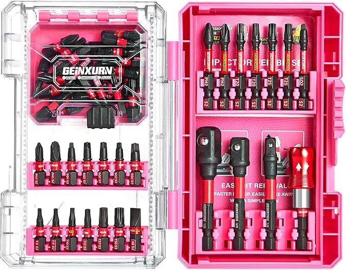 Geinxurn 55Pieces Impact Screwdriver Bits Set, Magnetic S2 Steel Phillips/Slotted/Square/Torx Insert Power Bits Tips, Impact Bit Holder and Impact Socket Adapter with Pink Storage Box Case