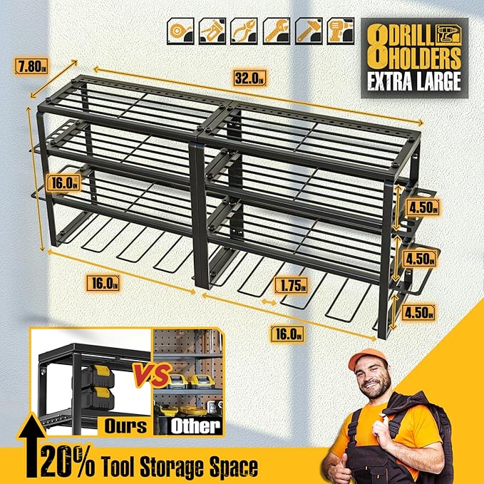 Spampur Power Tool Organizer Wall Mount, Heavy Duty 420LB with 8-Slot Drill Holder - All-in-One Garage Storage for Workshop, Christmas Gift for Men, Dad, DIYers, 15 Min Quick Assembly