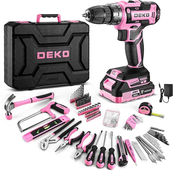 Pink Power Drill Tool Kit Set: 20V Cordless Electric Drill, Driver, Tool Box with Battery