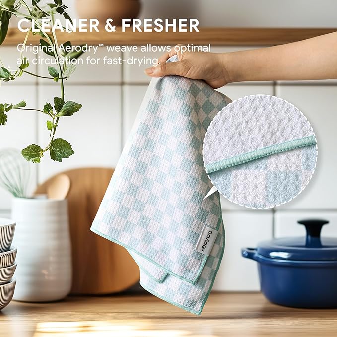 RECYCO Waffle Kitchen Towel Set of 2 - Quick Dry Microfiber Sustainable Dish Towels - Absorbent Reusable Cleaning Tea Towels - Lightweight Hand Towels,16”x 28”, Cuckoo Checker