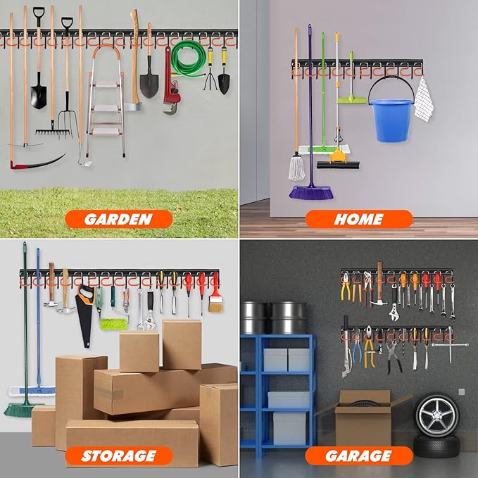 TVKB 51'' All Metal Garden Tool Organizer Adjustable Garage Tool Organizer Wall Mount Garage Organizers and Storage with Heavy Duty Hooks Tool Hangers for Garage Wall, Shed, Garden