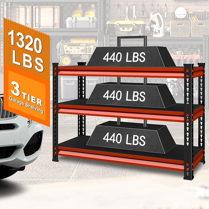 3-Tier Garage Shelving Heavy Duty,40''W x 18''D x 36''H Metal Shelving Unit,1320 lbs Weight Capacity Adjustable Storage Shelves for Retiple Tanks, Aquariums, Pantry,Red