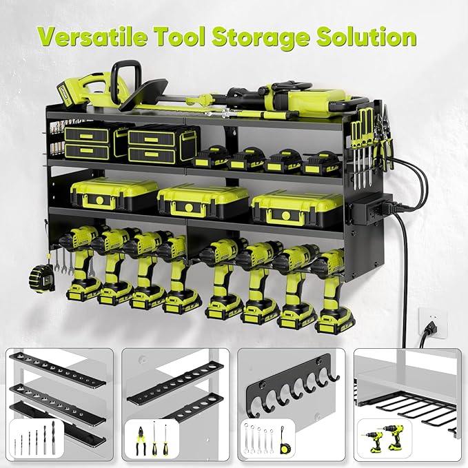 POKIPO Large Power Tool Organizer Wall Mount with Charging Station,4 Layer Heavy Duty Metal Tool Storage Rack Loads 600lbs with 8 Cordless Drill Holder,Battery Utility Rack Loads with 4 Power Strip