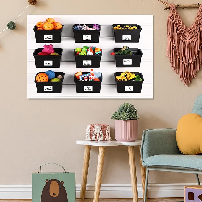 Mifoci 12 Pcs Storage Bins for PVC Slatwall Plastic Bin with Stickers Pens Slatwall Accessories for Organizing Hardware Craft Storage Tool Organizer Garage Craft Room Tool Shed(Black)