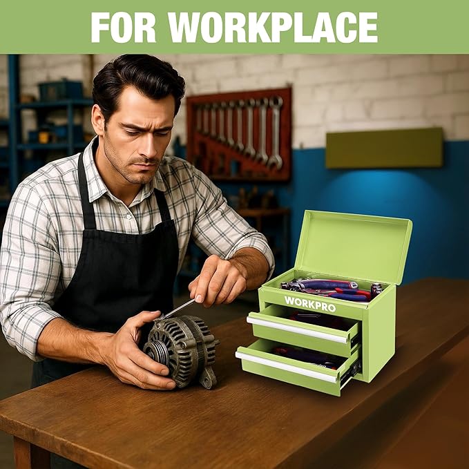 WORKPRO Metal Mini Tool Box, Top Tool Chest containing Two Drawers with Ball Bearing Slides, PVC Drawer Liners and PP Feet Pads, Durable Cold Rolled Steel Small Toolbox for Multi-Purpose Storage