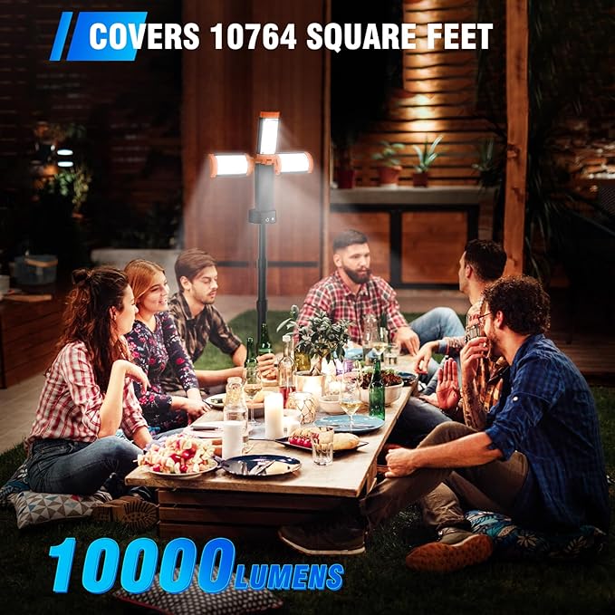 12000mAh Camping Light with Stand, Rechargeable Work Light, 10000 Lumen Dimmable Cordless Work Light with 3 LED Lamp Heads, Magnetic Emergency Flashlight with 79" Detachable Tripod