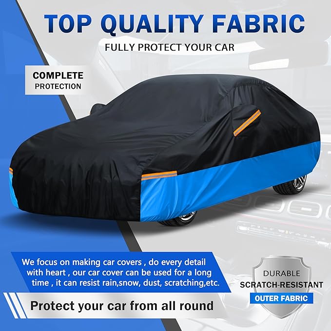 Car Cover Waterproof All Weather Outdoor Windproof Dustproof UV Protection Fit Tuck Cover M-Length Up to 210 inch