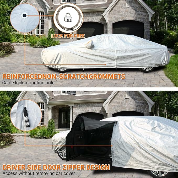 Tecoom Waterproof All Weather Car Cover, 3-Layer Fleece Lined Full Exterior Outdoor Covers with Zipper Door & Lock, Wind Snow Hail UV Sun Protection, Fit for Sedan (201"–210")