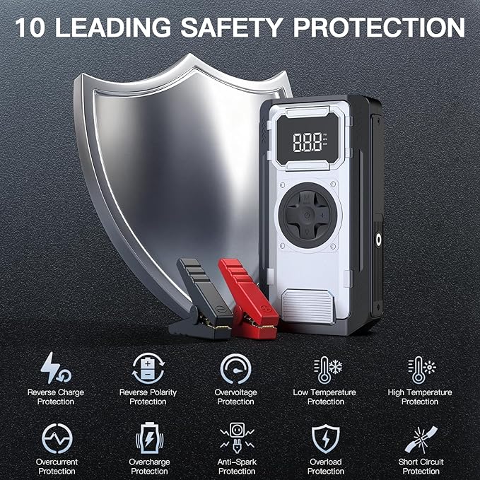 5000A Portable Car Jump Starter with Air Compressor, 150PSI Car Battery Jump Starter (10.0L Gas/8.0L Diesel Engines),12V Pack Jump Box with Large Digital Display, Car Emergency Kit