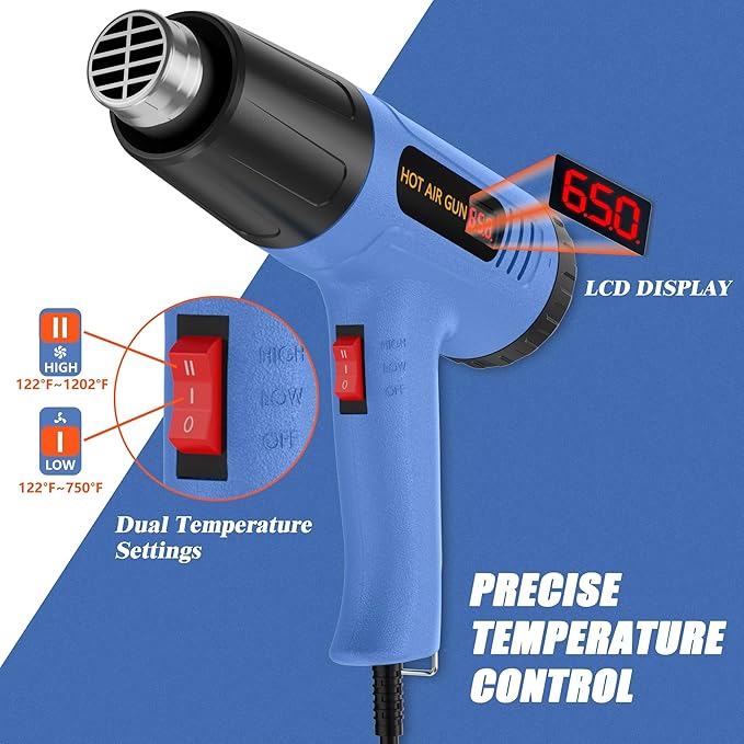 Heat Gun Side Lcd Digital Display 212 &1202℉ Dual-Lvel Temperature Control 4 Nozzles Heat Gun' Overload Protection for Crafting, Shrink Tubing, Vinyl Wrap, Shrink Wrap,5Ft Power Cord
