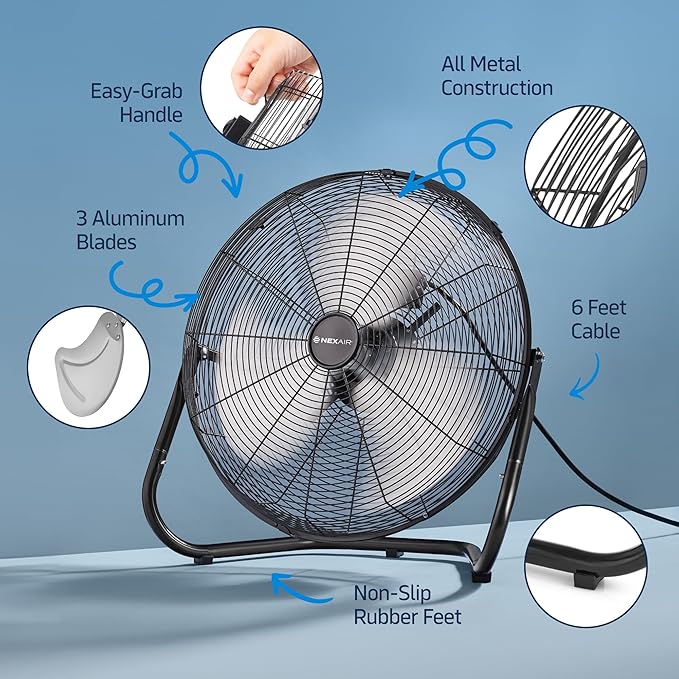 NEXAIR 3-Speed 20 In High-Velocity Heavy Duty Metal Industrial Floor Fan, 1800 CFM Powerful cooling fan for garage, Warhouse, Commercial, Residential Use, with 180° Adjustable Vertical Tilt