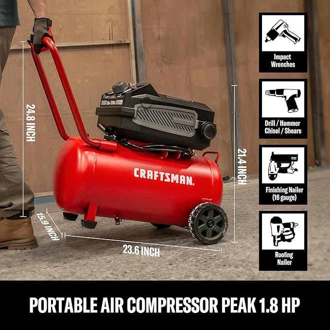 Craftsman 10-Gallon Air Compressor, 1.8 HP, Max 175 PSI, 4.0 CFM @ 90PSI, 5.0 CFM@40PSI, Oil-Free, Quiet Shop Air Compressor with Wheels for Spraying Pneumatic Tool, Model: CMXECXA0201041