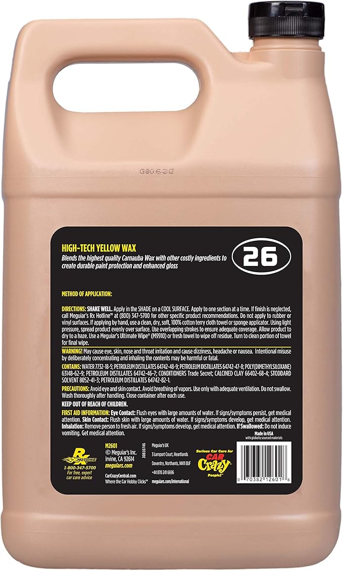 Meguiar’s Professional Hi-Tech Yellow Wax M2601, Versatile Liquid Car Wax Offers Durable Paint Protection, Rich Color, and Shine, Clear Coat Safe Formula Can Be Applied by Hand or DA Polisher, 1 Gal