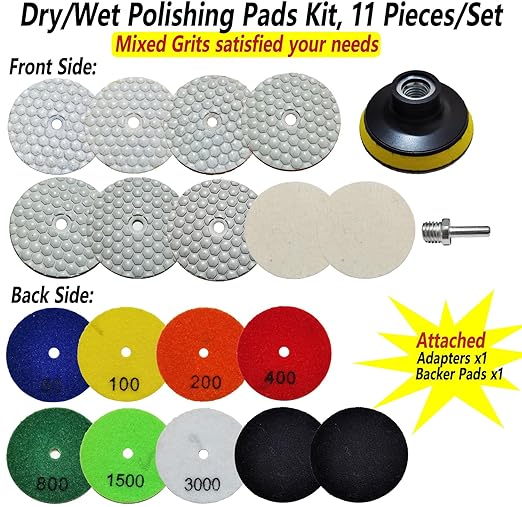 3 Inch Dry Diamond Polishing Pads, 11PCS Wet/Dry Granite Buffing Pad Kit for Marble Concrete Quartz Stone Tiles - High Temperature Resistance Sand Pad for Drill Grinder Polisher