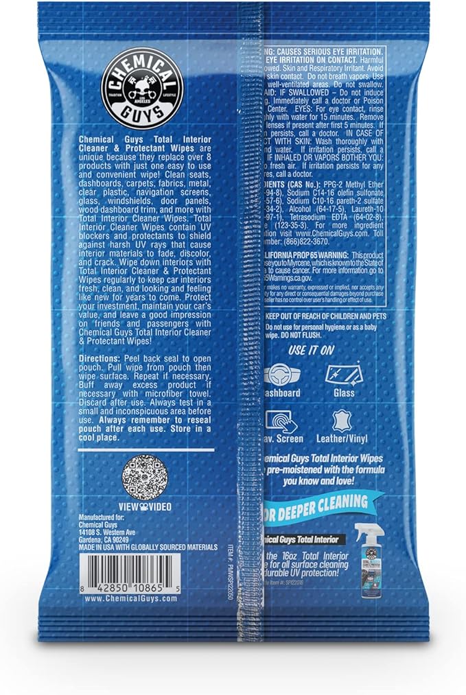 Chemical Guys Total Interior Cleaner & Protectant Wipes – 50 Pack Multi Surface Car Interior Cleaning Wipes for Dashboards, Doors and Seats – Safe for Trucks, SUVs, RVs and Home Use