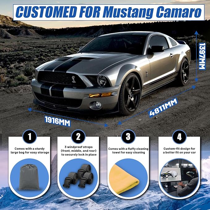 Car Cover Custom Fit for Ford Mustang Sedan (1994-2025), Chevy Camaro (2010-2025), Waterproof All Weather for Automobiles Full Exterior Cover Rain Sun Snow UV Protector.