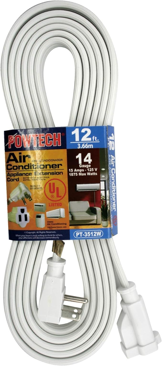 Heavy Duty 12 FT Air Conditioner and Major Appliance Extension Cord UL Listed 14 Gauge, 125V, 15 Amps, 1875 Watts Grounded 3-PRONGED Cord