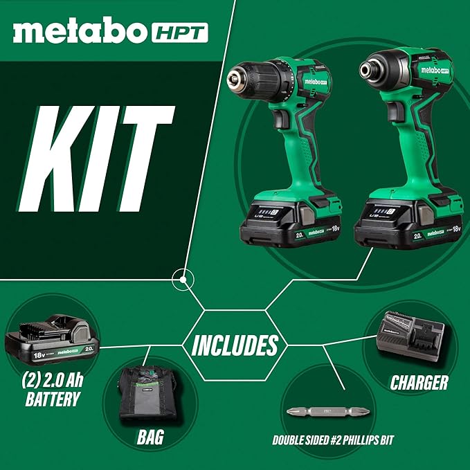 Metabo HPT 18V MultiVolt™ Sub-Compact Driver Drill/Impact Cordless Combo Kit | High Torque | Brushless Motor | Lifetime Tool Warranty | KC18DDXS