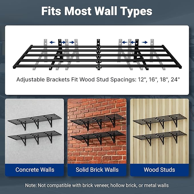 FLEXIMOUNTS 2-Pack 2x6ft Heavy Duty Garage Wall Shelving, 1200lbs Capacity, Garage Shelving Wall Mounted with 8 Hooks, Storage for Power Tools, Garden Supplies, Storage Bins, Lite Series