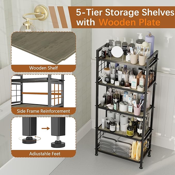 GIOTORENT 5-Tier Kitchen Storage with Wooden Boards, Heavy Duty Storage Shelves & Bookshelf, Adjustable Metal Shelving Unit for Garage Kitchen Bathroom Laundry Organizer, 750LB Capacity, Black