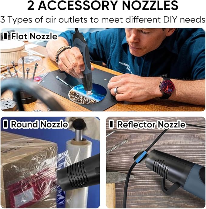 ROMECH 350W Heat Gun with 2 Nozzles, Dual Temp Heat Gun 400°F-660°F, Fast Heat Hot Air Gun with Overload Protection for DIY Craft Embossing Shrink Wrapping (Blue)