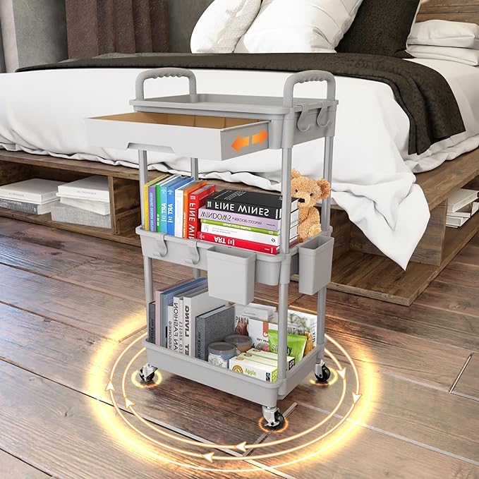3 Tier Rolling Utility Cart with Drawer,REBECAT Utility Cart Made of Multifunctional Storage Organizer Tool for Kitchen,Bathroom,Living Room,Office(Gray)