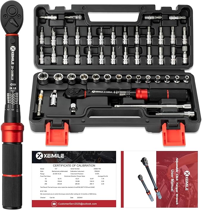 51Pcs Bike Torque Wrench Set,1/4" Drive 20-260 In.Lb/2.3-29.4Nm,Inch Pound Click Torque Wrench,72T Dual Direction 3% Precision Adjustable Small Torque for Bicycle,Motorcycle,Car,Lug Nut