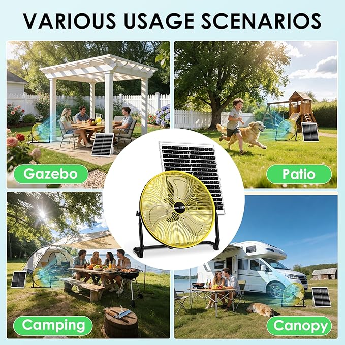 20'' Large Solar Fan, Battery Operated Camping Fan for Outside, Portable Rechargeable Cordless Floor Fan, 360° Tilt, USB Output, Wireless, for Home Garage Outdoor Patio Gazebo Greenhouse RV